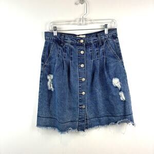 Uniq by Litz Denim Pleated Skirt Distressed Wash — Y2K Boho Prep Size M